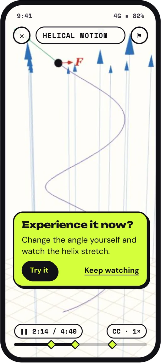 A topic video, paused with the prompt “Experience it now?”